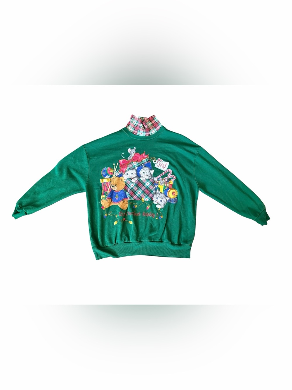 Vintage Nut Cracker Christmas Sweatshirt XL Cats Teddy Bear Plaid Turtleneck USA